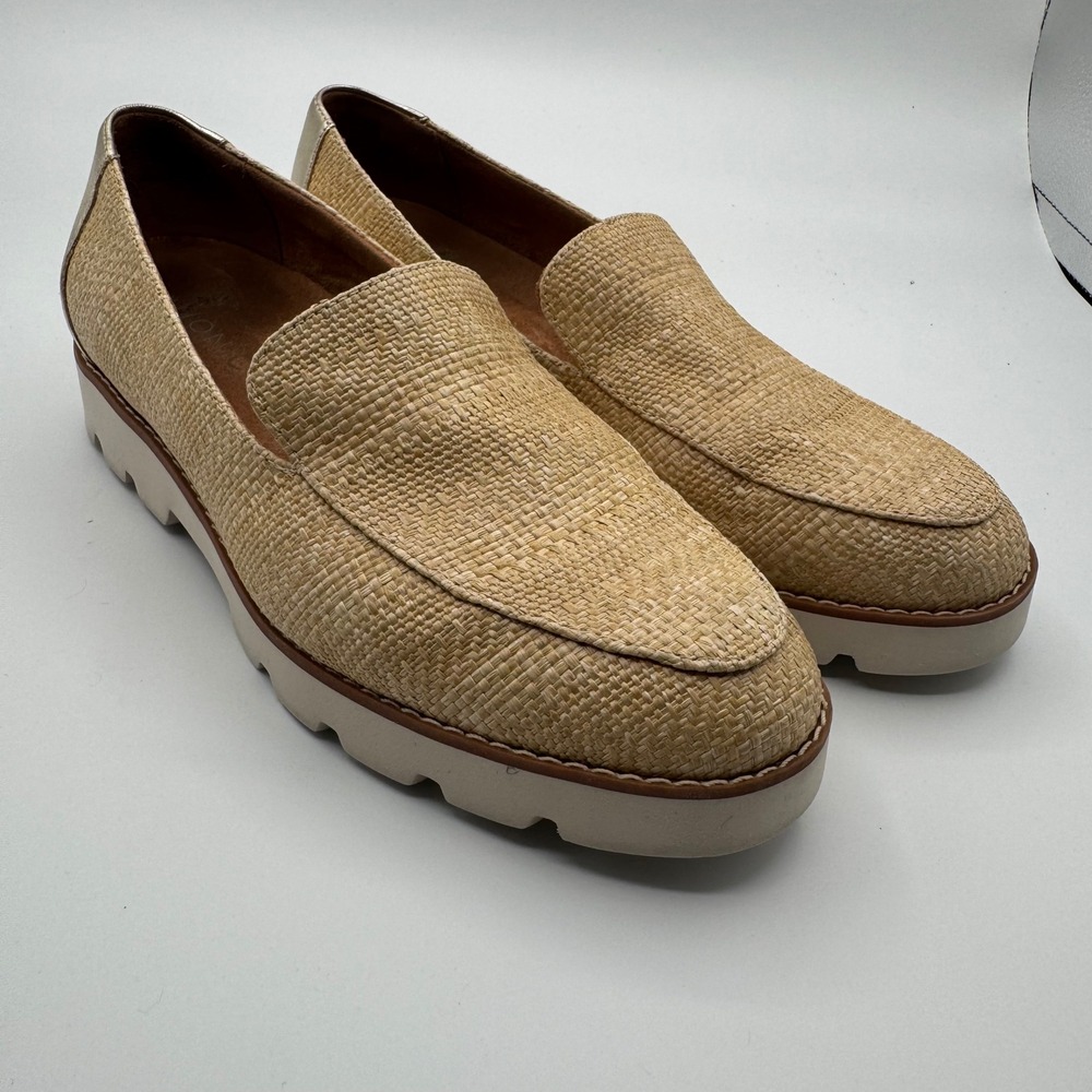 Vionic Kensley Raffia Platform Loafers Tan Gold Metallic Lug Sole Shoes Womens 8